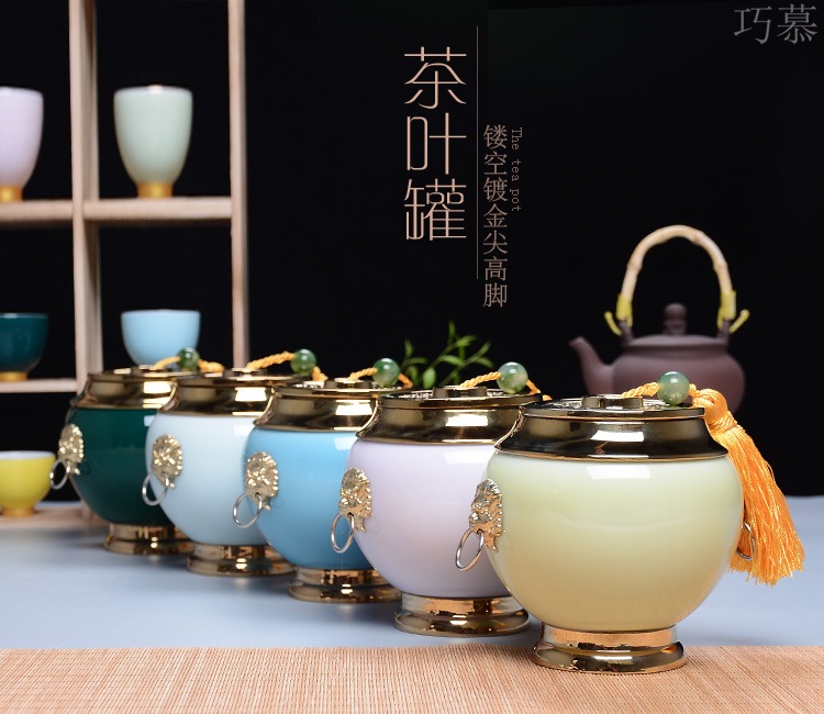 Qiao mu ceramic gold - plated caddy fixings large elder brother up with crack celadon seal storage jar, black tea, green tea package