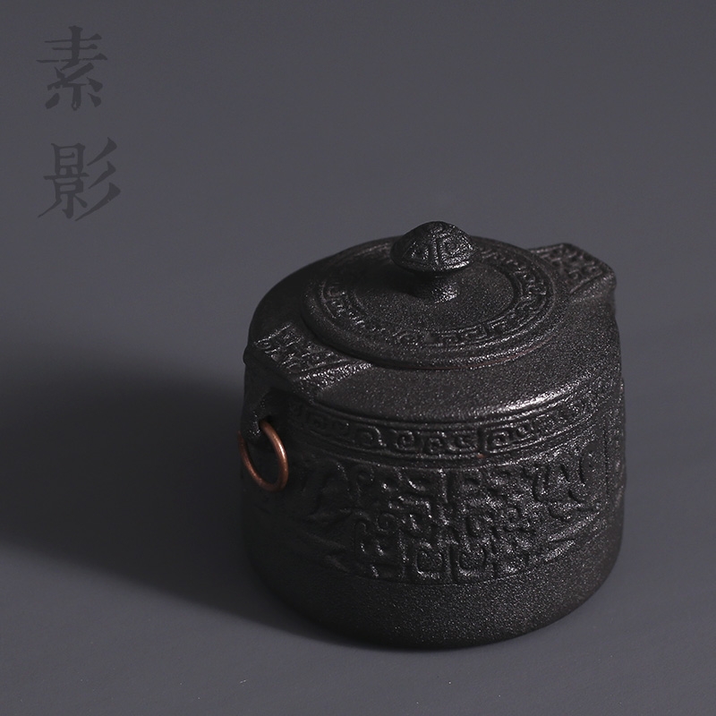 Qiao mu coarse pottery caddy fixings auspicious dragon heads Chinese style classic adornment of black tea urn seal pot puer tea
