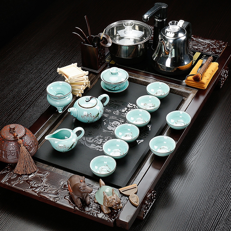 Qiao mu violet arenaceous kung fu tea set home ceramic electric magnetic furnace of a complete set of tea sets tea solid wood tea tray