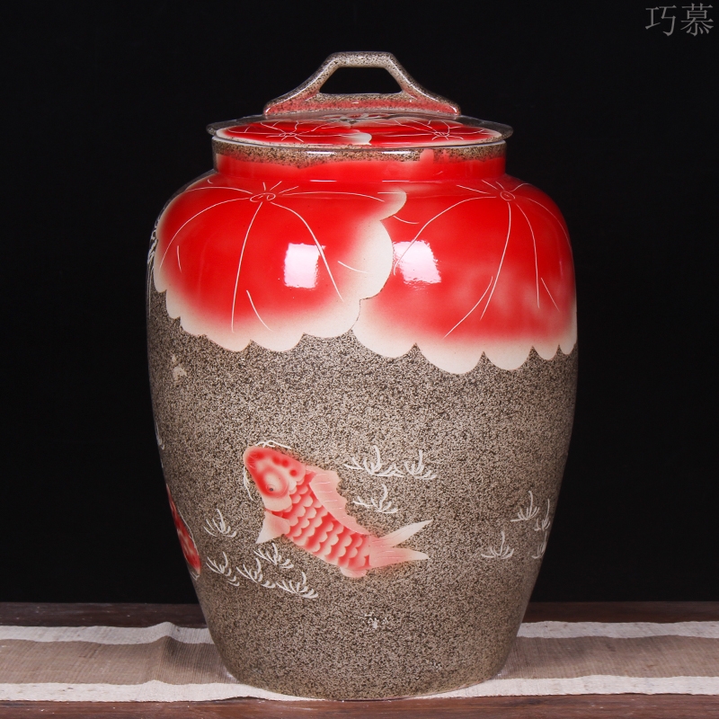 Qiao mu jingdezhen ceramic barrel 100 jins home with cover large flour rice box tea cylinder storage jars seal