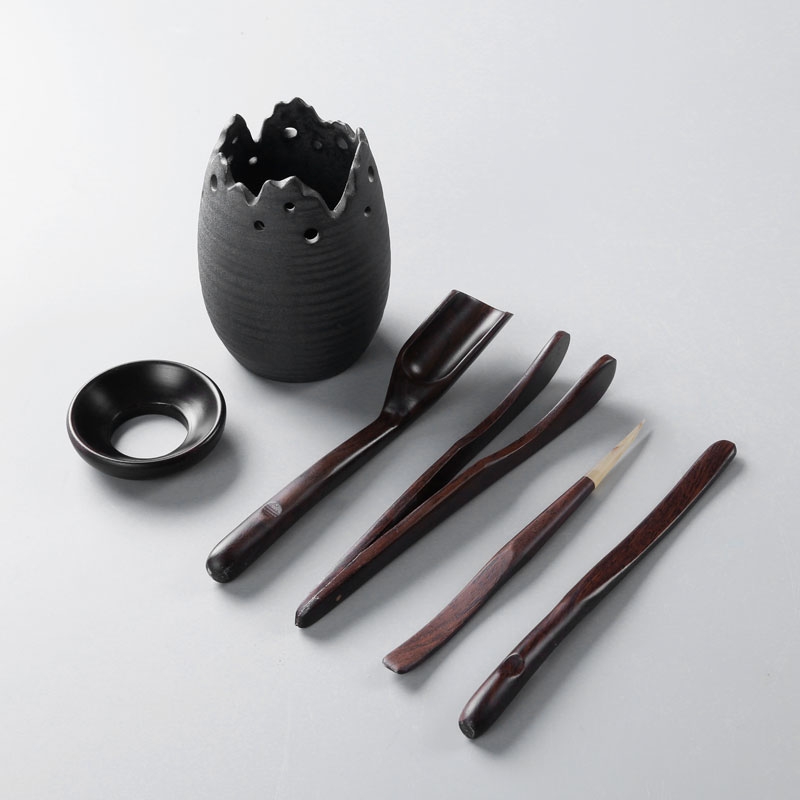 Qiao mu tea set tea six gentleman ebony wood coarse pottery kung fu tea tea tea tray accessories