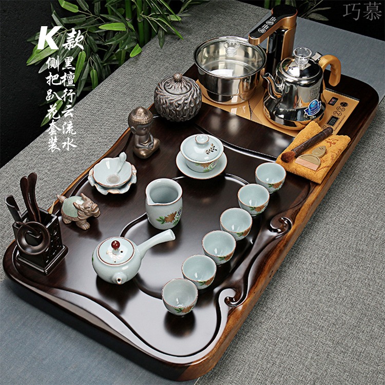 Qiao mu tea set ebony wood, ceramic purple sand tea tray was kung fu tea set of a complete set of full automatic quick furnace