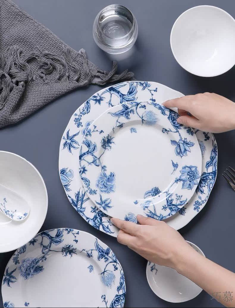 Qiao longed for blue and white porcelain tableware suit household bowls of ipads plate of jingdezhen ceramic dishes suit Chinese use chopsticks