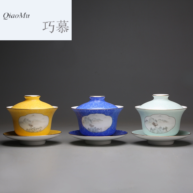 Qiao mu pick flowers tureen only three bowl of tea ware jingdezhen ceramic tea cups S12031 kung fu tea sets