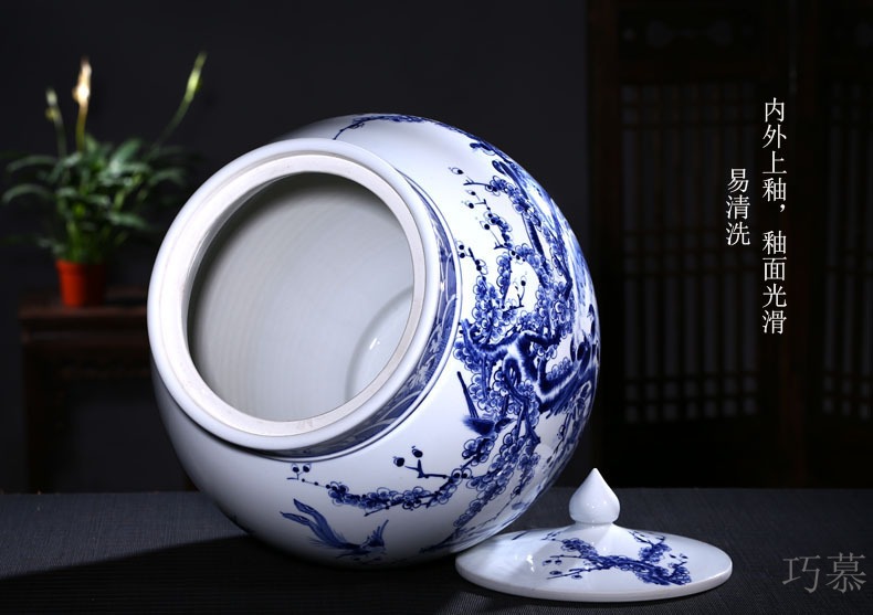 Qiao mu jingdezhen ceramic barrel ricer box storage tank hand under glaze blue and white color tea cylinder adornment ornament porcelain altar