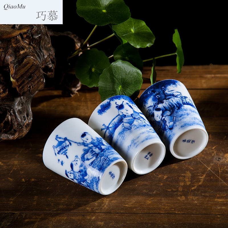 Qiao mu jingdezhen hand - made porcelain tea set the boy hand cups fragrance - smelling cup pure manual under the glaze color