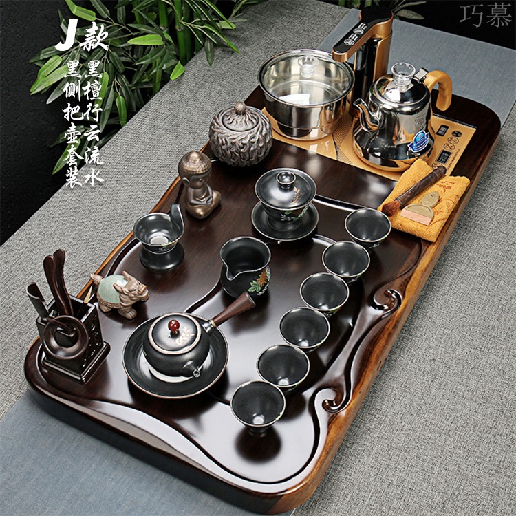 Qiao mu tea set ebony wood, ceramic purple sand tea tray was kung fu tea set of a complete set of full automatic quick furnace