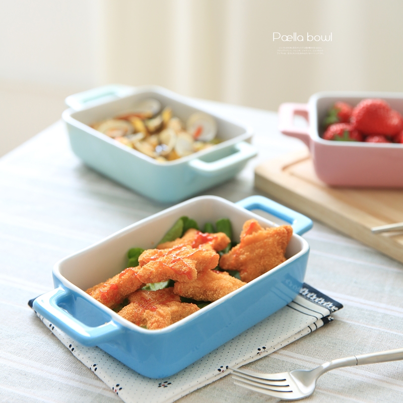 Qiao mu CDW Japanese candy color ceramic ears home baking bowl, lovely baking pan baked FanPan rainbow such use W - 33