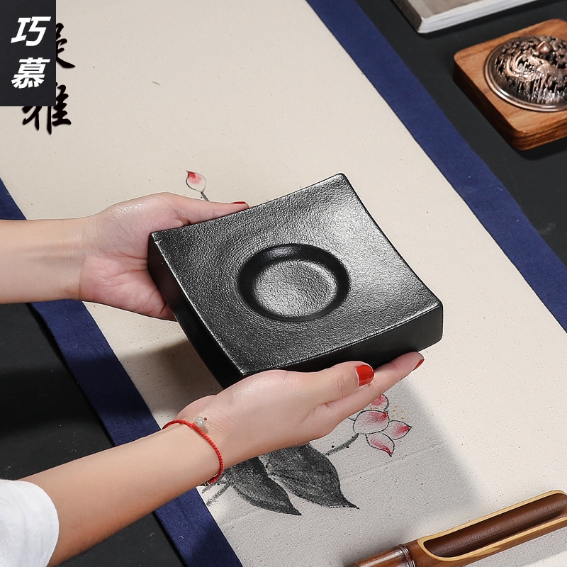 Qiao mu retro black pottery sifang oval pot bearing coarse ceramic pot pad creative dry blister tray of the teapot tea accessories