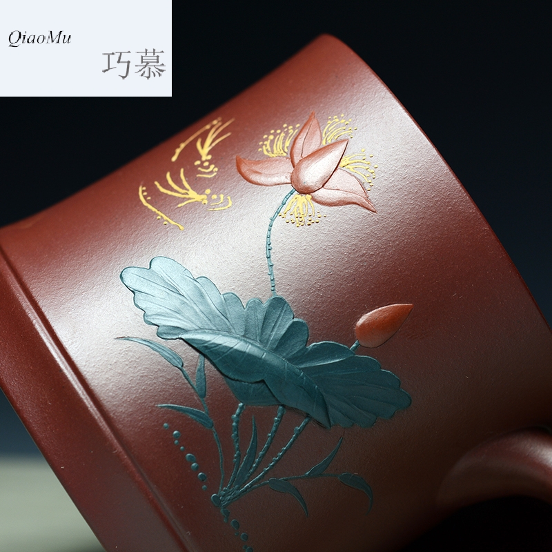 Qiao mu QD yixing purple sand cup of real product manual purple sand cup lid cup tea purple clay mud painting lotus bamboo cups
