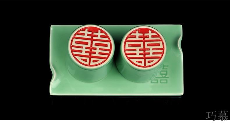 Qiao mu QYX set longquan celadon wedding gift hand - carved pedestal glass tea two cups of tea