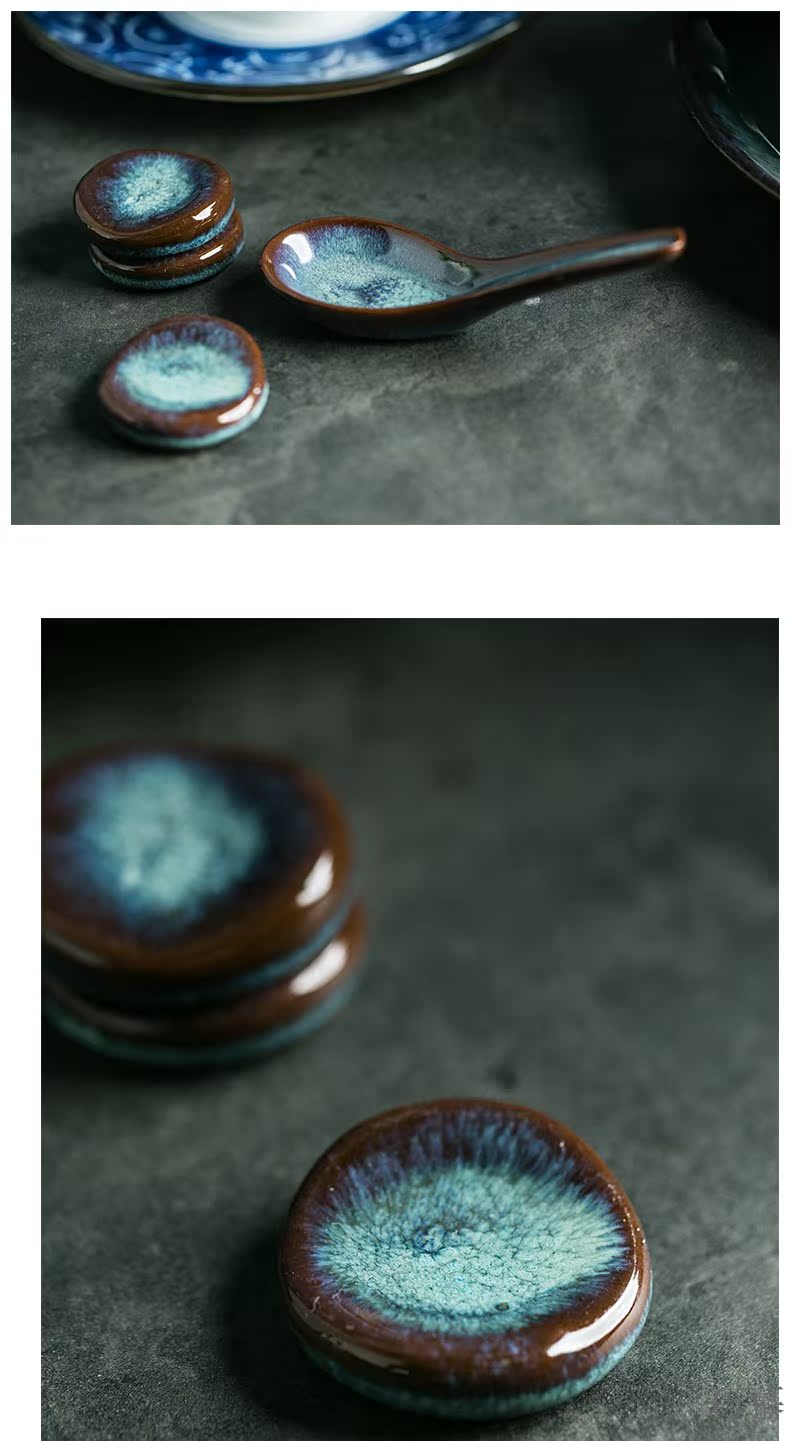 Qiao mu HD peacock pattern variable glaze series coarse pottery rice bowls flat dish plate of small spoon, chopsticks rack dessert dishes