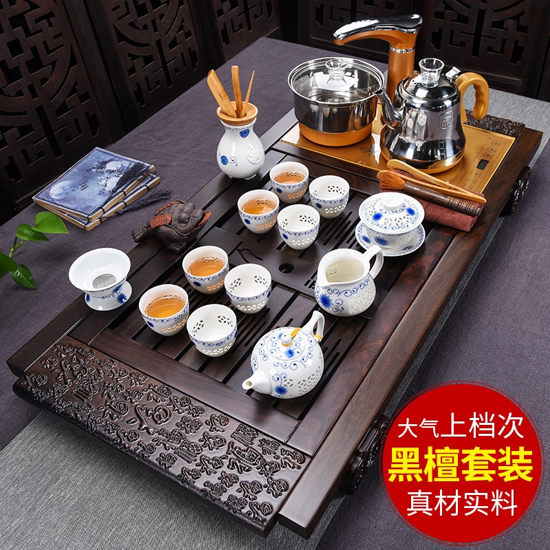 Qiao mu ebony wood tea tray tea set a complete set of automatic electric ceramic purple sand cup kung fu tea stove