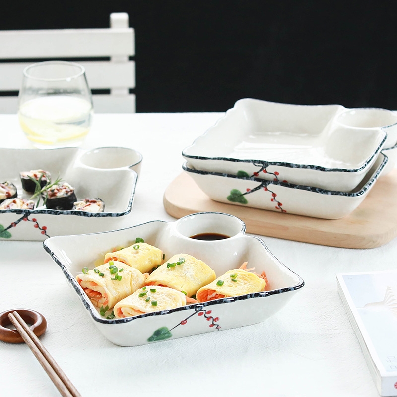 Qiao mu four dumplings plate 】 household vinegar dish creative Japanese rectangle ceramic tableware dishes dumplings