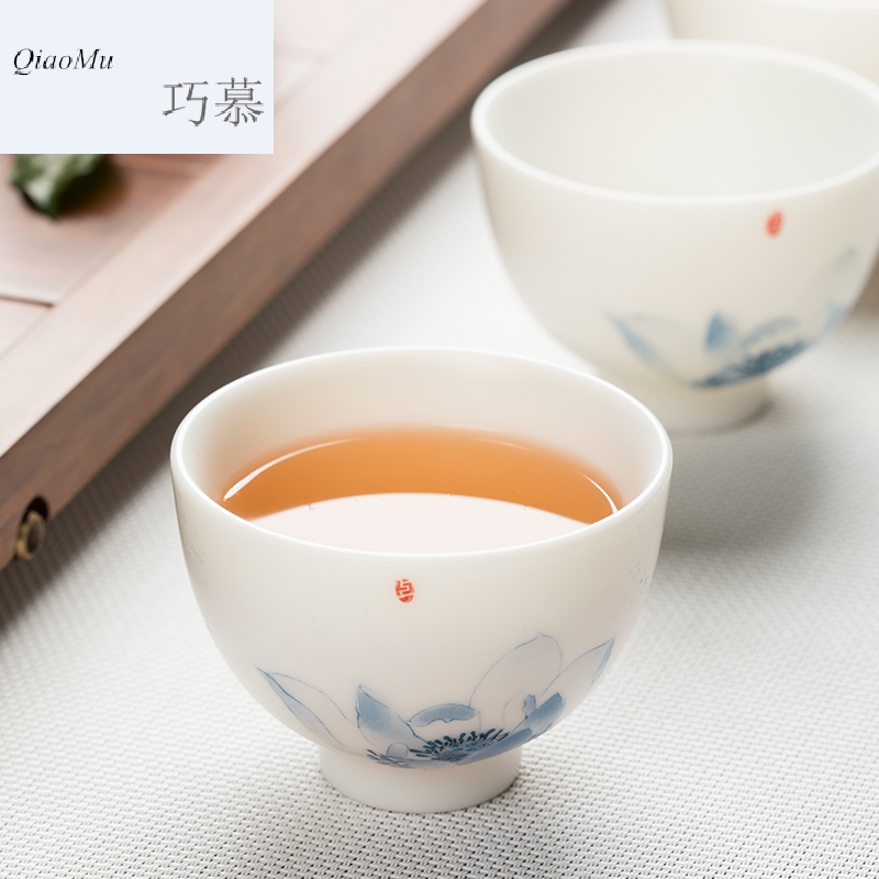 Qiao mu CMJ dehua suet white jade porcelain teacup up large - sized ceramic sample tea cup pastel personal master