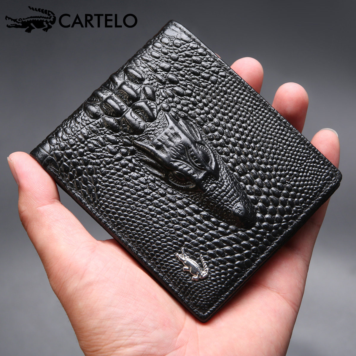 Carcodile Crocodile Wallet male short Genuine Leather Crocodile Textured Skull Layer Bull Leather Money Clip Fashion Extravagant CARD HOLDER LEATHER WALLET
