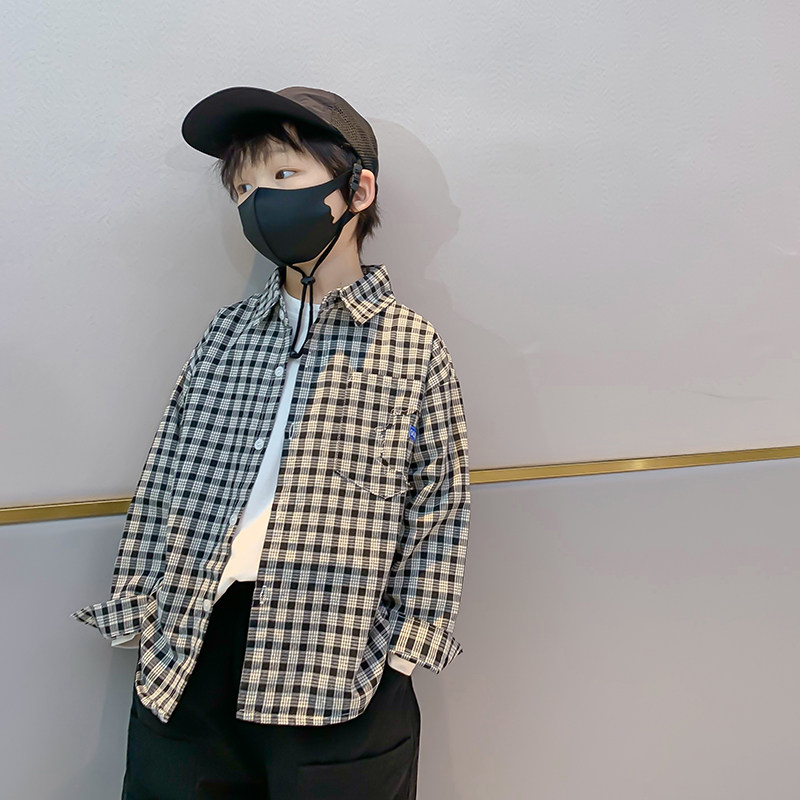 Children's plaid shirt boy shirt black and white lattice 2022 spring autumn new spring clothing boys' baby pure cotton foreign pie