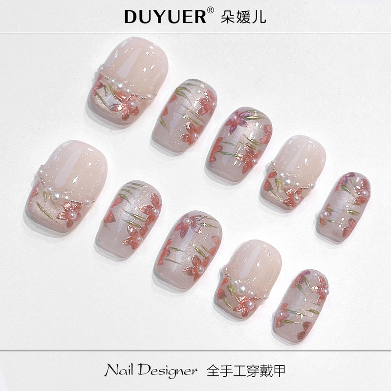 Three-Dimensional Floral Hand-Painted Nails with a Chinese Style, High-End Handmade Wearable Nails, French-Style New Year Wedding Nails, Nail Art Patches, Nail Stickers