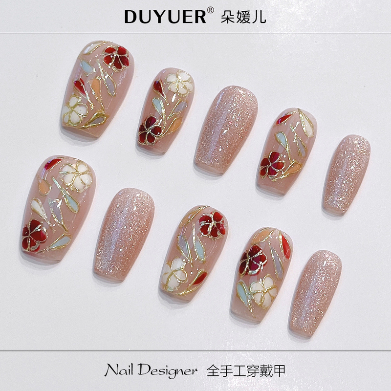 3D Handmade New Year Armor Nail Art Pieces, Rich Floral Design, Wearable Nails, Gold Thread Enamel, High-End Chinese Style, Complexion-Enhancing Nail Stickers