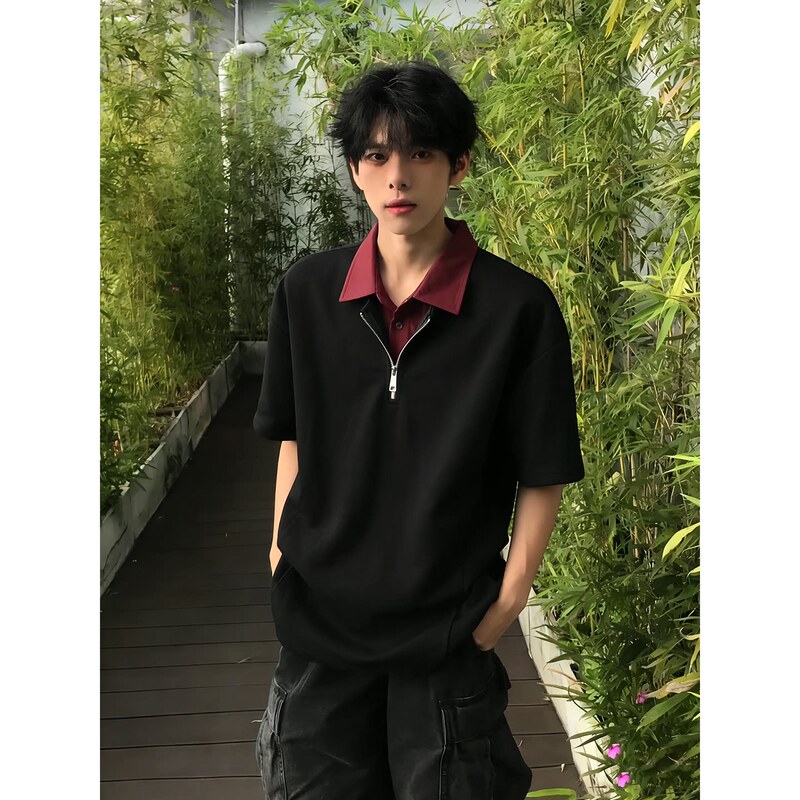 Black Faux Two-Piece Polo Shirt with Shirt Collar, Short-Sleeved Men's Summer Cleanfit Regular Shoulder Half-Zip T-Shirt