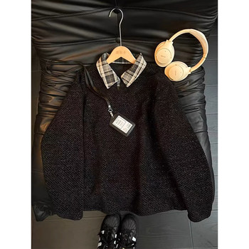 Men's Autumn and Winter Fleece-Lined Thick Long-Sleeve Polo Collar Sweatshirt with Starry Pattern, Two-Piece Style, Knitted Base Layer T-Shirt