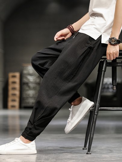 亚麻裤男夏季冰丝休闲裤新中式男装中国风棉麻裤子春夏束脚九分裤