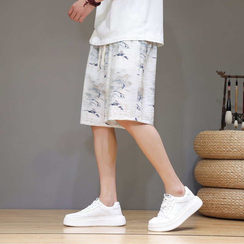 New Chinese Style Xiangyun Silk Floral Shorts for Men, Summer Ice Silk Quick-Dry Beach Shorts, Chinese Style Large Size Casual Mid-Length Shorts