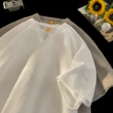 Белая шелковая летняя тонкая быстросохнущая футболка, V-образный вырез, короткий рукав