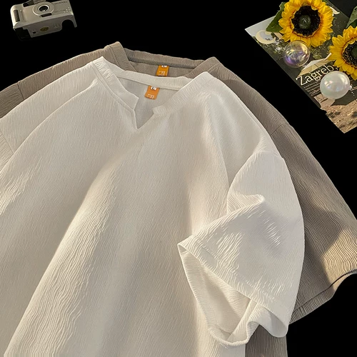Белая шелковая летняя тонкая быстросохнущая футболка, V-образный вырез, короткий рукав