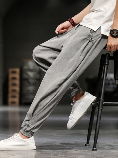 亚麻裤男夏季冰丝休闲裤新中式男装中国风棉麻裤子春夏束脚九分裤
