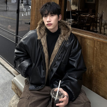 Cleanfit Reversible Leather Jacket Men's Winter Thickened American-Style Short Pu Leather Faux Mink Fur Cotton Coat