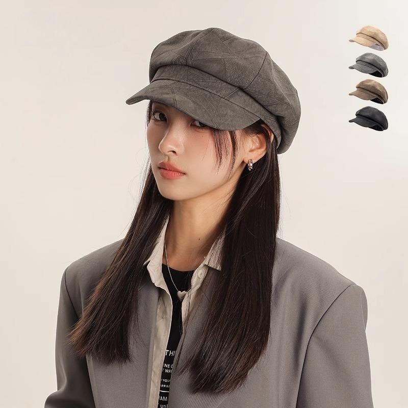 女性用ベレー帽 香港スタイル 2024 新作 秋 大きい頭囲 和風 冬 顔小画家 グレー キャスケット 八角形帽子