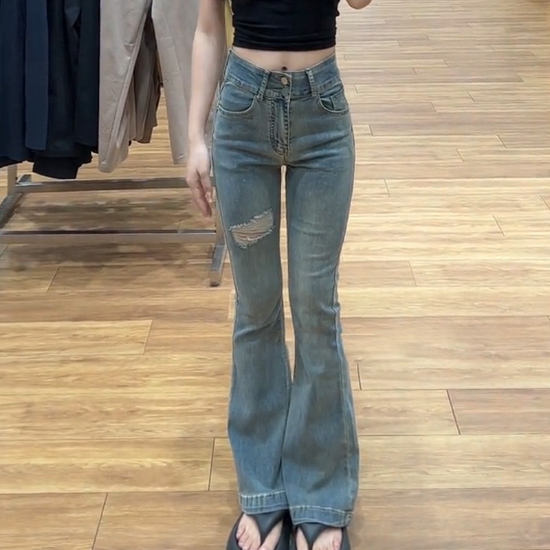 Flared Jeans for Women, Summer Thin Style, 2026 New High-Waisted Retro Petite Ripped Bell-Bottom Pants for Women
