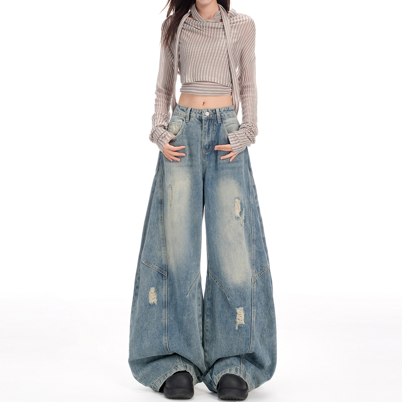 American-Style Scimitar Jeans for Women, 2025 Summer Thin Ripped Cool Jazz Dance Loose Wide-Leg Sickle Pants