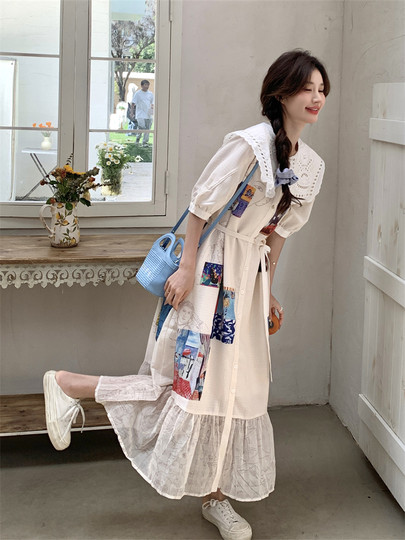 Puppe Kragen Ölgemälde Druck Kleid frauen Sommer 2025 Neue Stil Taille Abnehmen Langen Rock Künstlerische Tragen Atmosphäre