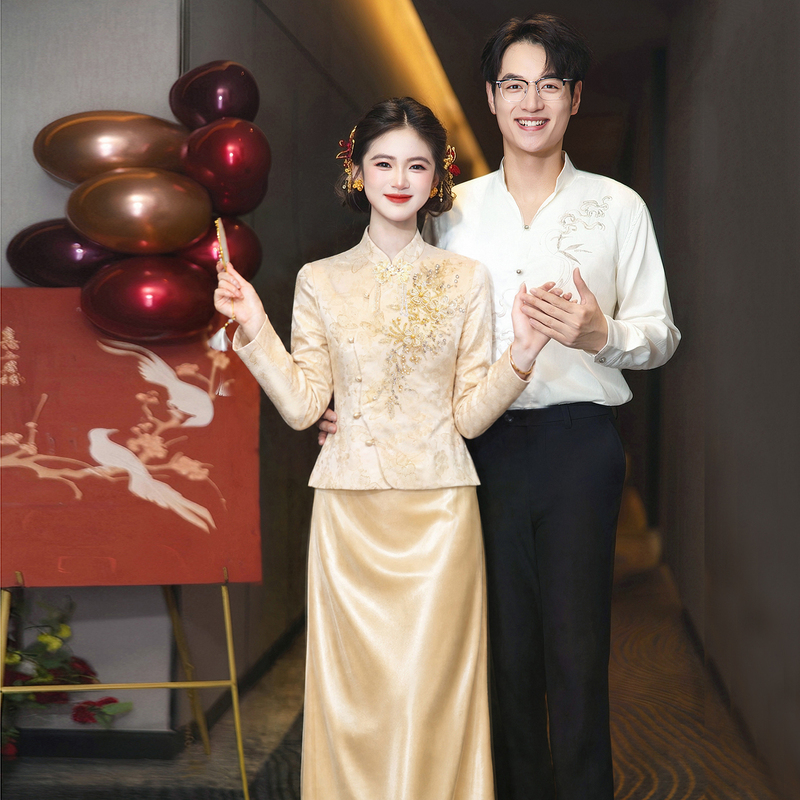 New Chinese-Style Gold Embroidered Engagement Dress for Women, Bride's Toast Dress, Wedding Long-Sleeved Two-Piece Suit for Autumn and Winter
