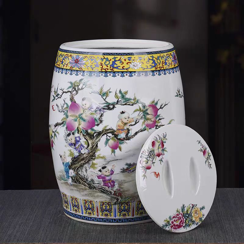 Jingdezhen Ceramic Rice Cylinder Rice Bucket Water Cylinder Household Oil Cylinder Noodle Cylinder Pickle Jar 20 Catties 25kg Sealed with Cover Moisture-Proof