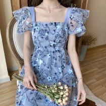Blue gentle wind square collar skirt Bellflower first love dress French niche Japanese gentle wind floral skirt