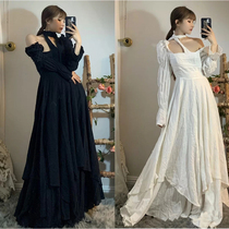 Fairy dress chic gentle little man court retro black Hepburn one-shoulder bellflower dress French niche