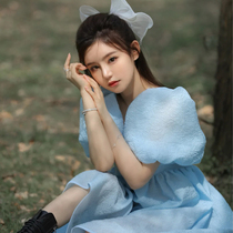 Bellflower first love skirt Forest department can be sweet salt skirt Fairy super fairy Forest department gentle wind blue bubble sleeve dress