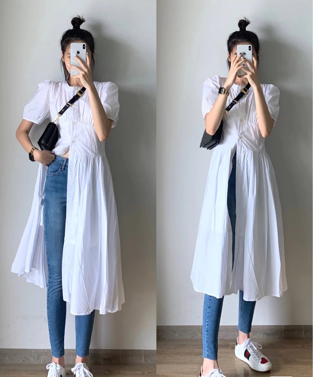 Han Mi Vegetable Bubble Sleeves White Tandem Dress European Station Women 2020 Autumn Winter New Tide Style High Waisted Temperament Skirt