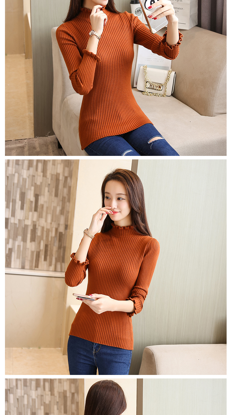 2017 mùa thu và mùa đông nửa cao cổ áo của phụ nữ hoang dã knit đáy áo sơ mi nữ dài tay bằng gỗ tai cổ áo sơ mi Slim áo thun áo len quần áo thời trang nữ