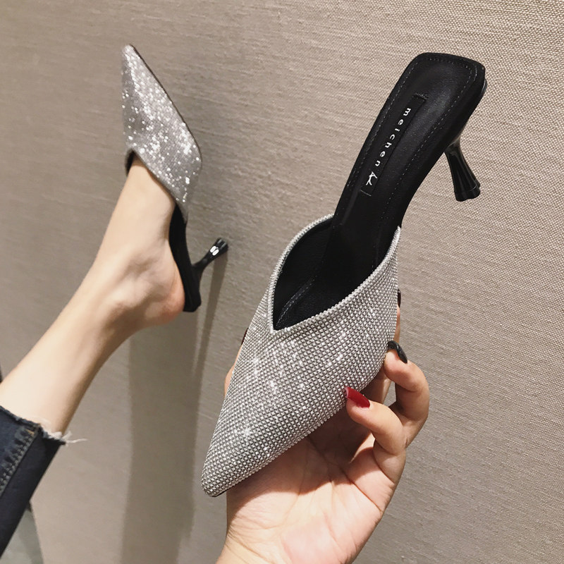 Hong Kong 2022 springtime new Baotou Half slipper female fine heel High heels Slippers Women Wear Fashion Custard Cool Tug