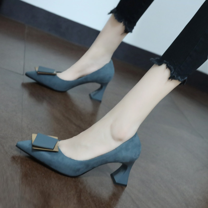 Hong Kong Pointy Suede Fashion Single Shoe Woman Fall New Foreign Party Buckle 100 Hitch Style High Heel Shoe Heel