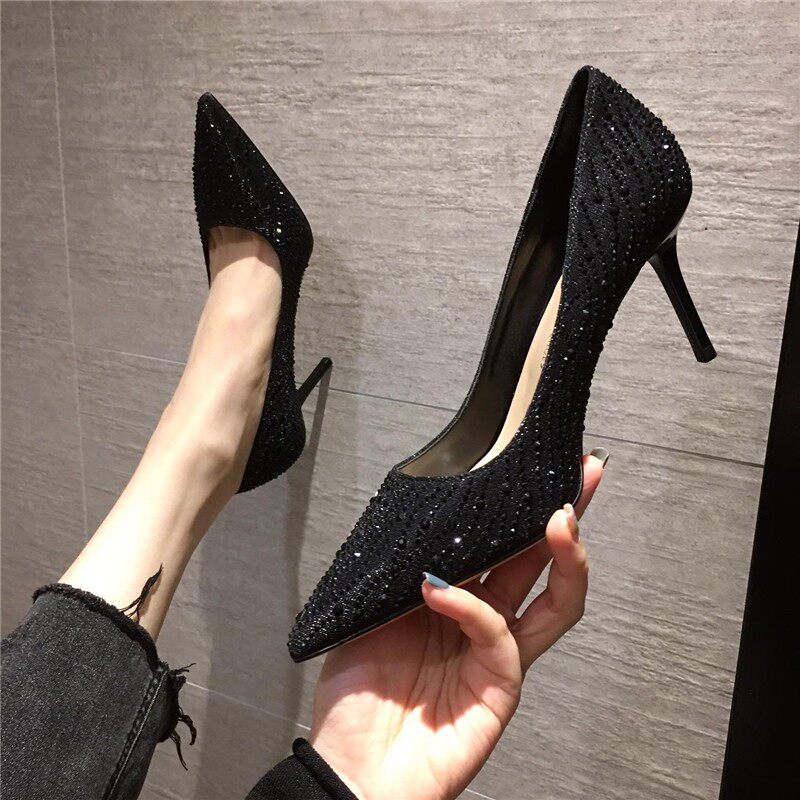 Hong Kong Fall 2023 new single shoe nightclub sexy pointed shoe drilling crystal heel heel heel
