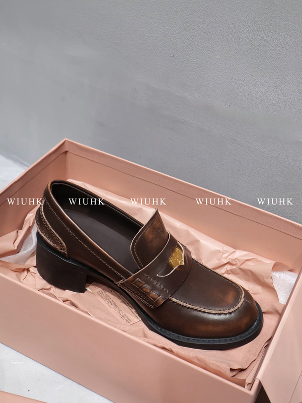 Wiuhk Miu-Style Lettered Retro Distressed High-Heeled Loafers with Gold Coins, Slip-On Chunky Heel Leather Shoes for Women