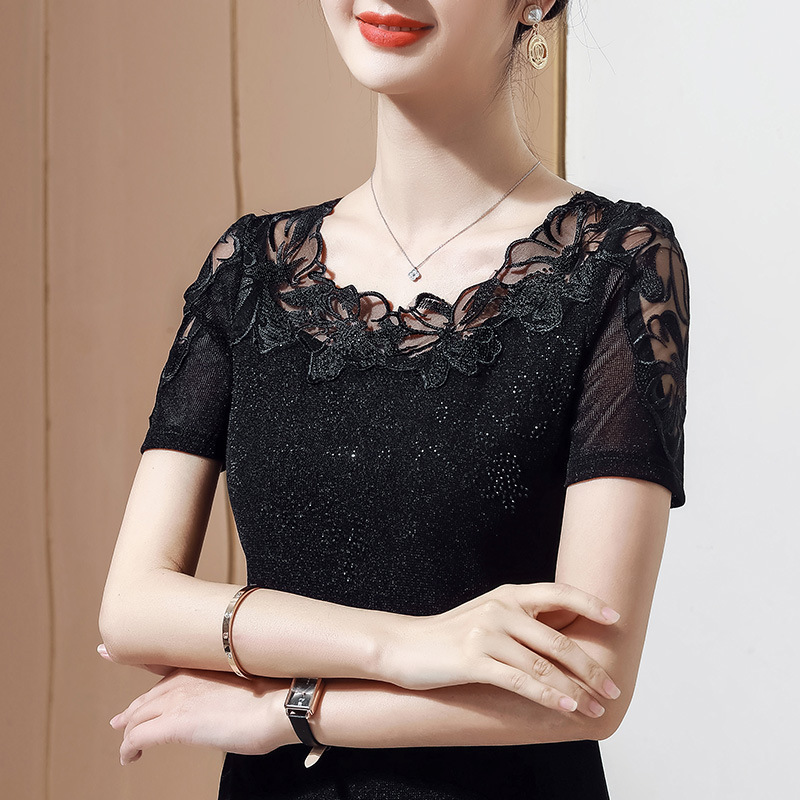 Summer High-End Middle-Aged Mom Fashion Stylish Lace Embroidered Blouse Mesh Short-Sleeve Top Women's T-Shirt Gauze Shirt