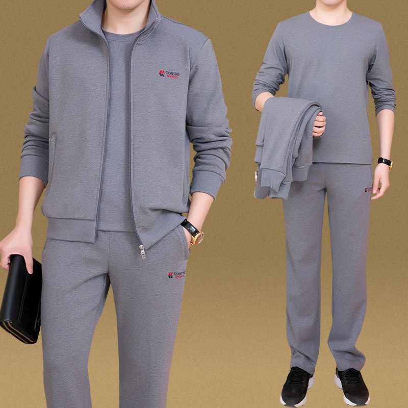 Autumn and winter Jordan men's sports suit sweater middle-aged and elderly sportswear father's clothing plus velvet thickened three-piece pure cotton