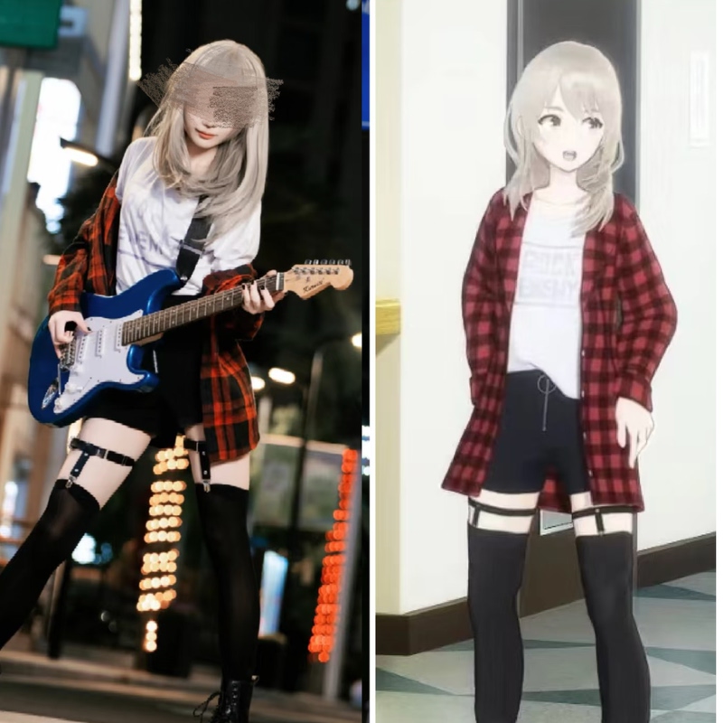 Crying Girl Band Kawauchi Momoka Same Style Red Plaid Shirt Jacket Shorts Stockings Set Cosplay