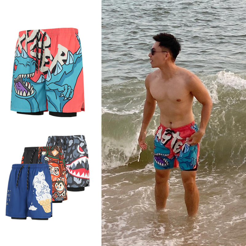 Double-Layer Swimming Trunks 2026 New Model for Hot Springs, Men's Beach Shorts, Seaside Surfing Swimsuit Set, Anti-Embarrassment, Quick-Drying, Large Size
